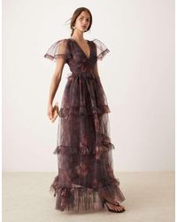 LACE & BEADS - Vestito Lungo Prugna A Fiori Con Gonna E Maniche Trasparenti Con Volant - Lyst