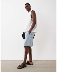 ASOS - Halflange Denim Jort Van Linnenmix Met Elastische Taille En Lichte Wassing - Lyst