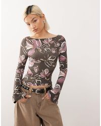 Reclaimed (vintage) - Slash Neck Long Sleeve Top With Flower Print - Lyst