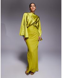 ASOS - Flared Sleeve Satin And Chiffon Mix Maxi Dress With Draped Skirt - Lyst