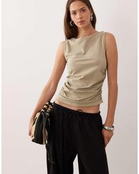 Mango - Cotton Rich Boat Neck Ruched Sleeveless Top - Lyst