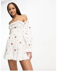 ASOS - Shirred Bodice Playsuit With Strawberry Embroidery - Lyst