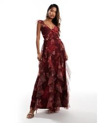 LACE & BEADS - – midaxi-kleid aus tüll mit rüschen und em blumenmuster - Lyst