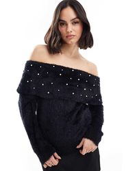 Lovedrobe - Pearl Embellished Bardot Jumper - Lyst