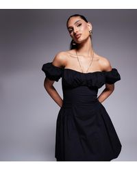 Kaiia - Exclusive Cotton Rich Poplin Puff Sleeve Hip Pleat Detail Mini Dress - Lyst