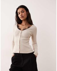 ASOS - Long Sleeve With V Neck And Black Lace Trim Top - Lyst