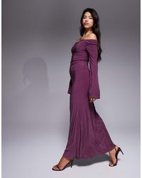 ASOS - Vestido Largo Color Baya De Manga Larga Con Detalle Retorcido En El Hombro Y Cordones En La Espalda De -Rosa - Lyst