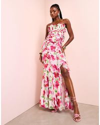ASOS - Vestido largo rosa fruncido con estampado floral, falda - Lyst