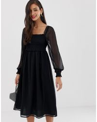 ASOS Shirred Square Neck Midi Skater Dress - Black