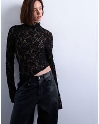 TOPSHOP - Lace High Neck Long Sleeve Asymmetric Hem Top - Lyst