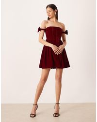 LACE & BEADS - Off The Shoulder Bows Velvet Mini Dress - Lyst