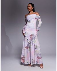 ASOS - Stretch Chiffon Long Sleeve Bardot Maxi Dress With Ruffle Hem - Lyst