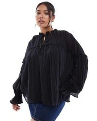 ASOS - Asos Design Curve Tie Neck Ruffle Detail Crinkle Long Sleeve Smock Top - Lyst