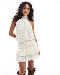 Miss Selfridge - Semi Sheer Lace Jacquard Halter Backless Summer Mini Dress - Lyst