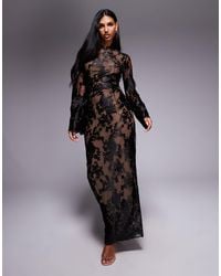 TFNC London - Long Sleeve Flared Floral Lace Maxi Dress - Lyst