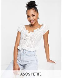 ASOS - Petite Broderie Corset Button Front Top With Frill Neck - Lyst
