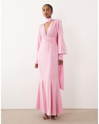 Pretty Lavish - Scarf Detail V-neck Deep Cuffs Satin Maxi Dress - Lyst