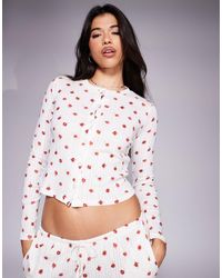 Kaiia - – exklusives cropped pyjama-oberteil aus pointelle mit durchgehender knopfleiste und rotem blumenmuster, kombiteil - Lyst