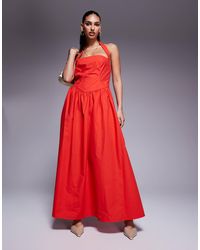 Kaiia - Exclusive Cotton Rich Poplin Square Neck Halter Maxi Dress - Lyst
