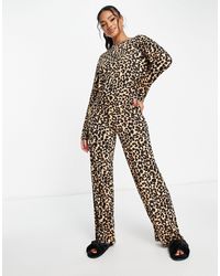 ASOS - Viscose Leopard Long Sleeve Top & Wide Leg Trouser Pyjama Set - Lyst