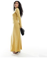 ASOS - Ribbed Asymmetric Ruched Neck Maxi Dress With Long Sleeve - Lyst