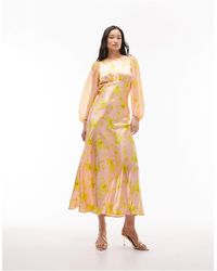 TOPSHOP - Long Sleeve Satin Maxi Dress With Bust Seam - Lyst