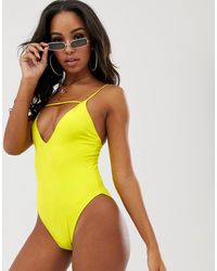 ASOS Maillot 1 pièce en tissu recyclé à bretelles et décolleté plongeant - acidulé - Jaune