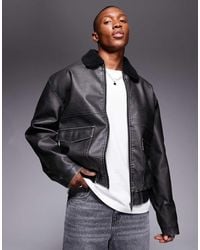 ASOS - Faux Leather Distressed Flight Jacket With Borg Collar - Lyst