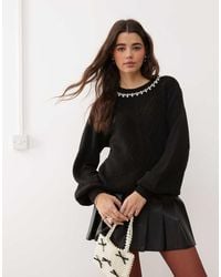 Miss Selfridge - Faux Pearl And Diamante Neck Trim Cable Knit Jumper - Lyst