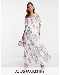 ASOS - Asos design maternity - vestito lungo con scollo rotondo e bordi grezzi bianco a fiori viola - Lyst