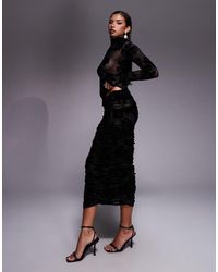 AFRM - Flocked Mesh Mid Rise Elasticated Waistband Ruched Maxi Skirt - Lyst