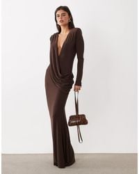 ASOS - Shoulder Pad Slinky Maxi Dress With Sweeping Drape Detail - Lyst