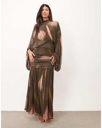 ASOS - Printed Floral Mesh Blouson Maxi Dress With Cut Out - Lyst