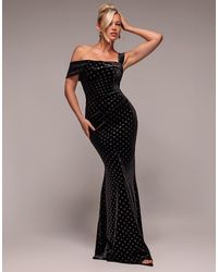 Goddiva - Glitter Polka Dot Velvet One Shoulder Maxi Dress - Lyst