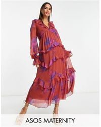 ASOS - Asos Design Maternity Tie Ruffle Midi Dress With Elastic Waist And Lace Up Back Detail - Lyst