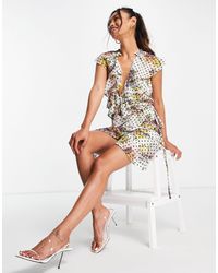 ASOS - Dobby Spot Ruffle Wrap Mini Dress With -multi - Lyst
