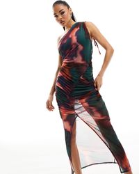 ASOS - Robe asymétrique mi-longue froncée en tulle à imprimé abstrait - rose et vert - Lyst