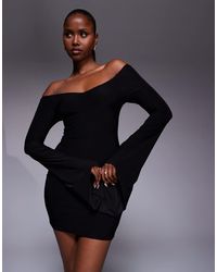 Kaiia - Exclusive Double Layered Slinky Off Shoulder Fluted Drape Sleeve Mini Dress - Lyst
