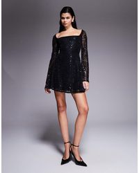 ASOS - Sequin Square Neck Mini Dress With Fluted Sleeves - Lyst
