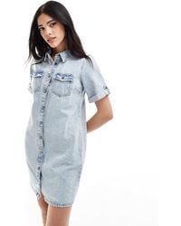 Vero Moda - Short Sleeved Denim Mini Dress - Lyst