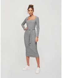 Miss Selfridge Lace Yoke Rib Knit Midi Dress in Pink | Lyst