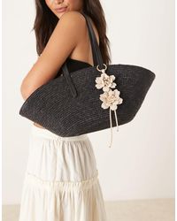 Mango - Woven Straw Bag With Flower Charm - Lyst