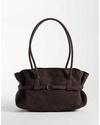 Pieces - Faux Suede Buckle Detail Bowling Shoulder Bag - Lyst