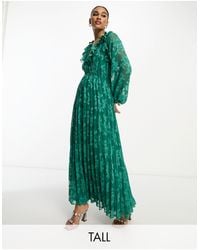 ASOS Asos Design Tall Floral Jacquard Burnout Pleated Midi Dress With Ruffle Neck And Open Back - Green
