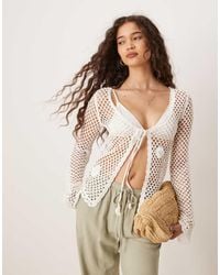 Mango - Cotton Tie Front Long Sleeve Crochet Cardigan With Rose Detail - Lyst