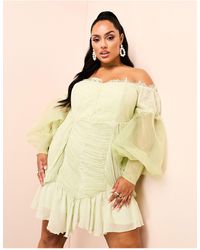 ASOS - Curve Bardot Lace Ruched Sheer Puff Sleeve Mini Dress - Lyst