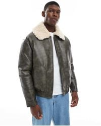 ASOS - Faux Leather Bomber Jacket With Contrast Borg Collar - Lyst