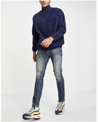 TOPMAN Paint And Rip Stretch Skinny Jeans - Blue