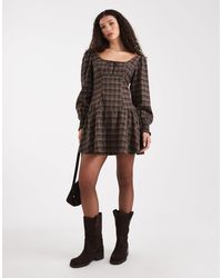 Daisy Street Shirred Plaid Drop Waist Midi Dress in Brown | Lyst Canada