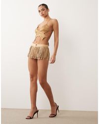 Oh Polly - Faux Suede Embellished Fringe Detail Low Rise Mini Shorts - Lyst